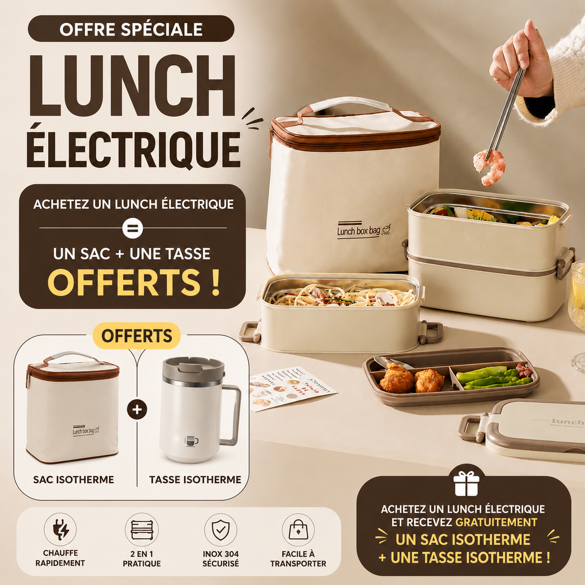 Lunch box électrique chauffante avec sac et tasse isotherme offerts
